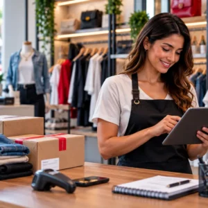 Dueña de una boutique revisa pedidos en una tablet detrás del mostrador, con ropa y paquetes en su tienda.
