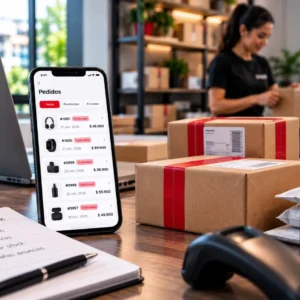 Celular con pedidos confirmados junto a paquetes listos para envío en una mesa de trabajo de comercio electrónico.