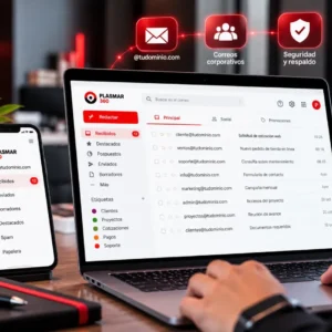 Portátil y celular muestran una bandeja de correo corporativo organizada sobre un escritorio de oficina.
